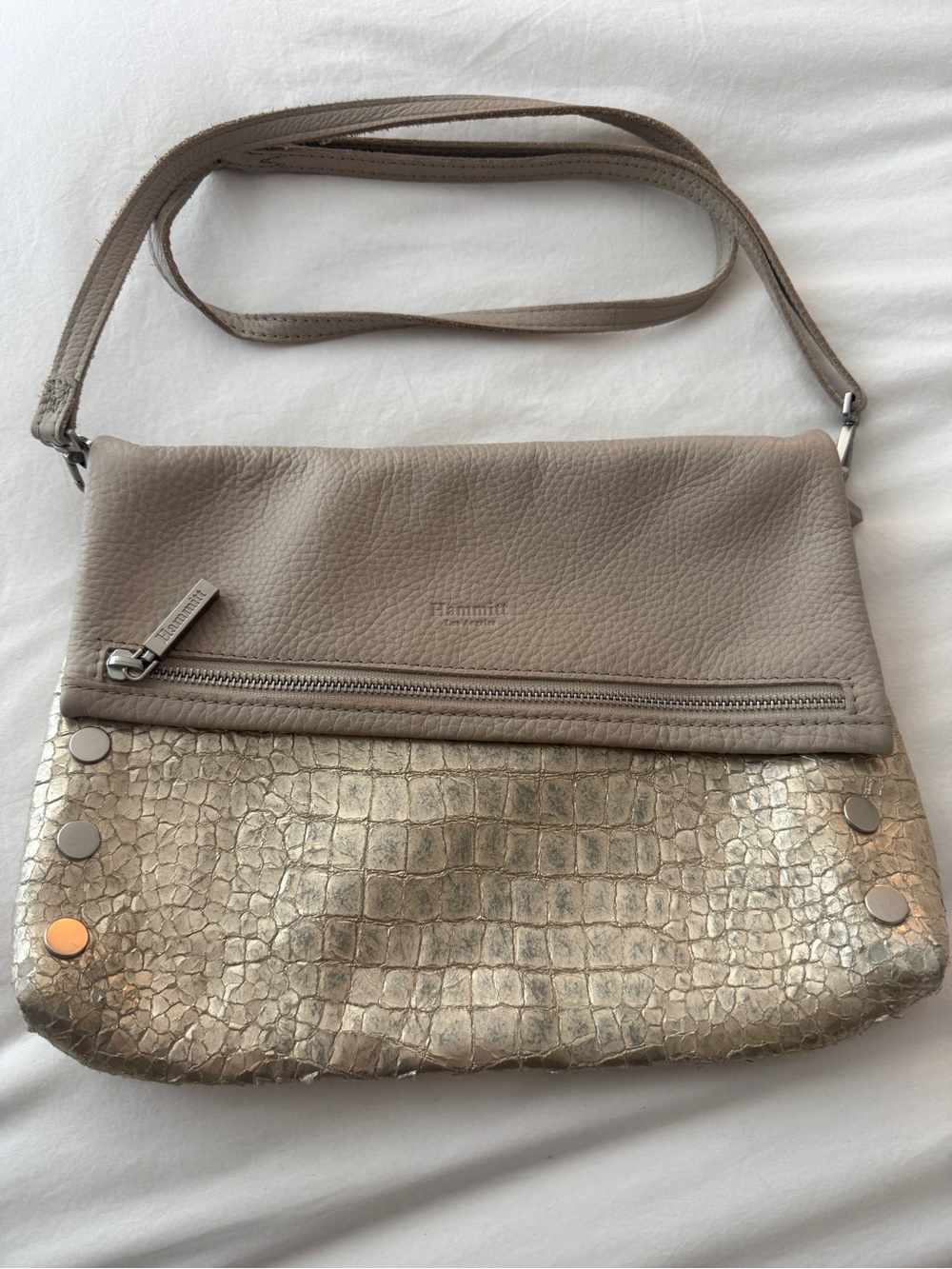 Preowned Hammit Large VIP  Gold Croco and Beige Leather Crossbody Handbag